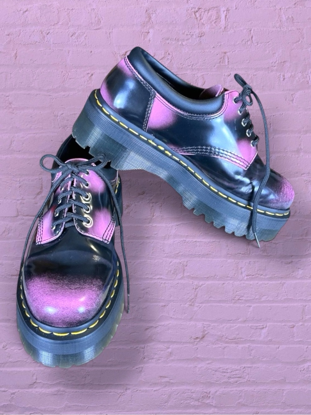 Dr. Martens Shoes Black Fondant Pink 8053 Quad Rub-Off Platform Oxfords Punk 8